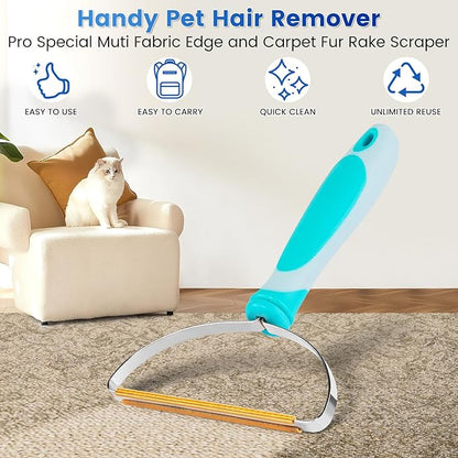 3-Pack Pet Hair Remover Tools, Carpet Rake for Pet Hair Removal, Long Handle Double-Sided Carpet Fur Removal Lint Scraper Brush Dog Cat Hair Remover for Sofa, Couch, Rug, Stairs, Clothes, Blue