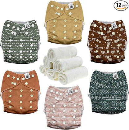 Mama Koala 3.0 Pocket Cloth Diapers for Babies with AWJ Lining, 6 Pack with 6 4-Layer Natural Cloth Diaper Inserts - Reusable and Washable Pocket Diapers (Hope in The Desert)