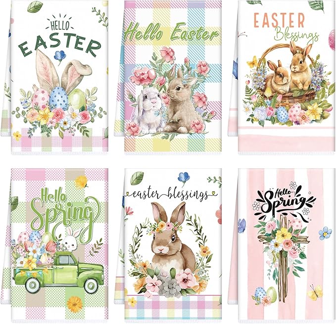 Easter Towels Kitchen Sets - Easter Bunny Rabbit Dish Towel 16x24 Inch Colorful Easter Kitchen Towel Spring Hand Towels Hello Spring Set of 6 Easter Blessings for Bathroom Kitchen