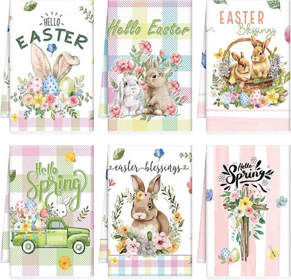 Easter Towels Kitchen Sets - Easter Bunny Rabbit Dish Towel 16x24 Inch Colorful Easter Kitchen Towel Spring Hand Towels Hello Spring Set of 6 Easter Blessings for Bathroom Kitchen