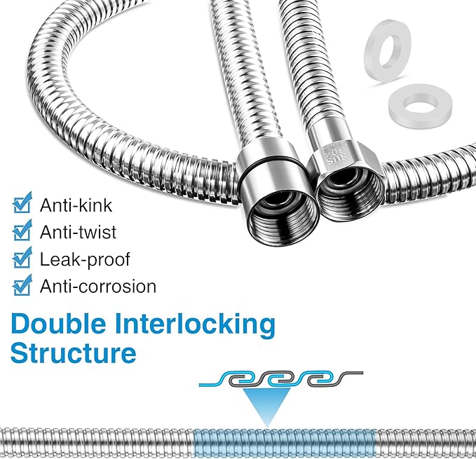 Dreyoo 1 Pack 39 Inch Shower Hose with Shower Extension Connector, Extra Long Handheld Head Hose with Brass Insert and Nut, 1/2 to 1/2 Extender, Stainless Steel