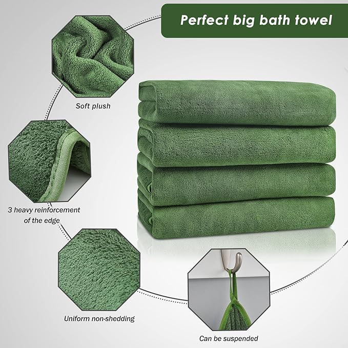 GraceAier Microfiber Bath Towels 4 Pack, 28x56 Inch Coral Velvet Quick Dry Towel Set, Highly Absorbent, Ultra Soft & Lint-Free for Bathroom, Gym, Travel and Swim-Green