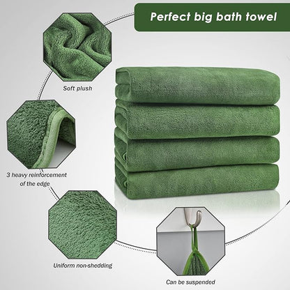 GraceAier Microfiber Bath Towels 4 Pack, 28x56 Inch Coral Velvet Quick Dry Towel Set, Highly Absorbent, Ultra Soft & Lint-Free for Bathroom, Gym, Travel and Swim-Green
