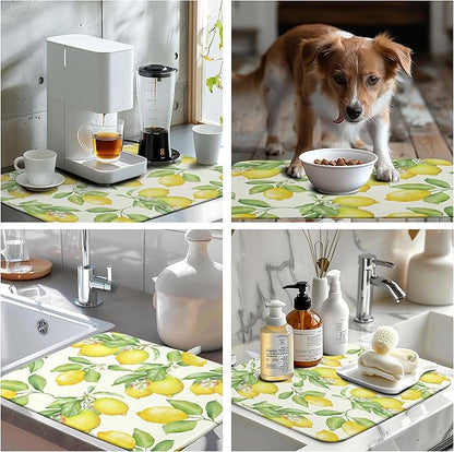 Summer Lemon Drying Mat Watercolor Fruit Yellow Lemon With Green Leaf Floral Dish Drying Mats for Kitchen Counter 18×24 Inch Microfiber Absorbent Dish Pad