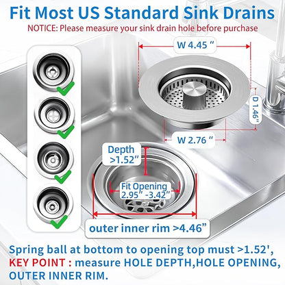 Sink Drain Strainer - Sink Stopper for Kitchen Drain,3 in 1 Kitchen Sink Drain Strainer with Anti Clogging Basket, Easy to Install Kitchen Sink Stopper for US Standard 3-1/2” Drain Hole