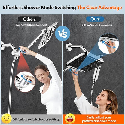 High Pressure Rain Shower Head, 7 Spray Modes Rain Shower Heads with Handheld Spray Combo, Dual Showerhead with 10 Inch Rainfall Spray, Detachable Hand Held Shower, Stainless Steel Hose, Power Wash