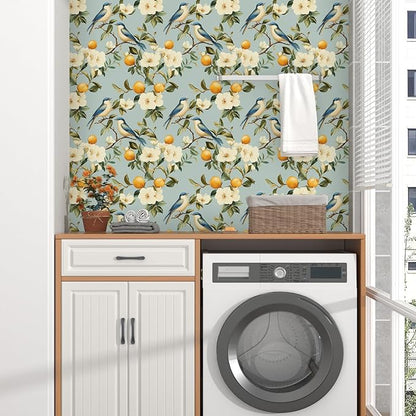 Blue Bird Peel and Stick Wallpaper, Vintage Beige Floral Fruits Contact Paper, Retro Botanical Wall Paper 17.5" x 118" Self Adhesive Removable Waterproof for Bedroom Shelves Cabinet Drawer Table