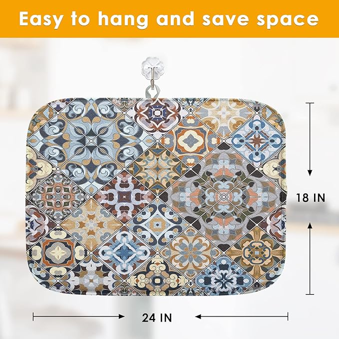 Sanwarm Absorbent Dish Drying Mat, Retro Colorful Tiles Vintage Floral Microfiber Pad for Kitchen Counter, Coffee Bar Decor, Heat Resistant and Reversible, 18" x 24"