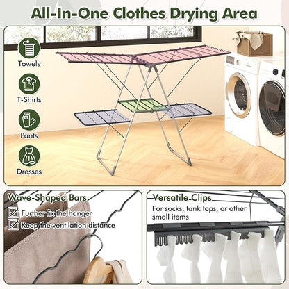 Tangkula Laundry Drying Rack, Foldable Clothes Drying Rack with Height Adjustable Wings, 33 Drying Rails & Sock Clips, Freestanding Gullwing Garment Stand for Indoor & Outdoor Use (Sliver+Grey)