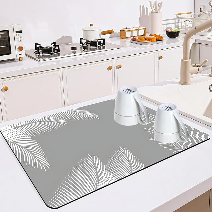 Dish Drying Mat for Multiple Usage. Super Absorbent, Easy clean, Quick dry, Cocina Accesorios for Kitchen Counter or Faucet Sink, Coffee bar, Refrigerator or Air fryer liners, 16*24“ Leaf