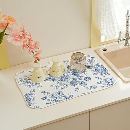 Blue Floral Dish Drying Mats 18x24 Inch Blue and White Chinoiserie Flower Drying Mats Seasonal Vintage Decorative Coffee Bar Mat Absorbent Fast Drying for Kitchen Dining Room Decor