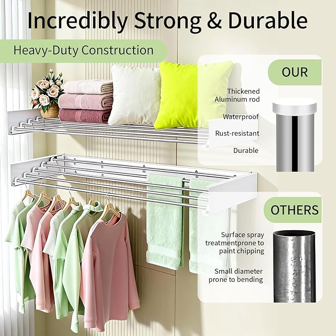 Wall Mounted Drying Rack, 31.5 Inch Foldable Clothes Drying Rack Heavy Duty 60 lbs, Space Saving Laundry Rack Rust Resistant, for RV Apartment Bathroom Laundry Room