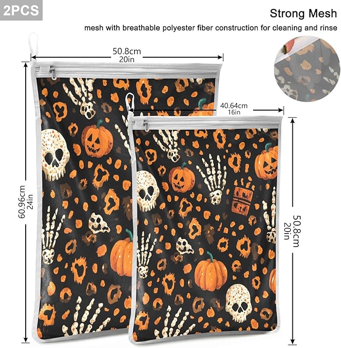 Mesh Laundry Bags Lingerie Bags for Washing Delicates 2 PCS Durable Wash Bag with Zipper Small and Medium Washable Halloween Leopard Pumpkin Skull Brown