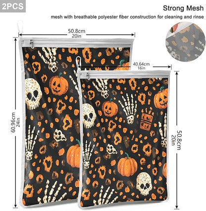Mesh Laundry Bags Lingerie Bags for Washing Delicates 2 PCS Durable Wash Bag with Zipper Small and Medium Washable Halloween Leopard Pumpkin Skull Brown