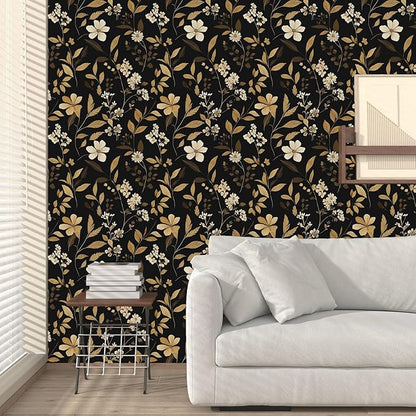 Fvlow Black Floral Wallpaper Peel and Stick Gold Leaf Contact Paper 17.4" x 118" Boho Wallpaper Waterproof Self Adhesive Wall Covering for Bedroom Countertop Desk Cabinets Decor