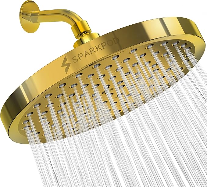 SparkPod Shower Head - High Pressure Rain - Premium Quality Luxury Design - Easy Clean Adjustable Replacement for Your Bathroom Shower Heads (Egyptian Gold, 8 Inch Round)