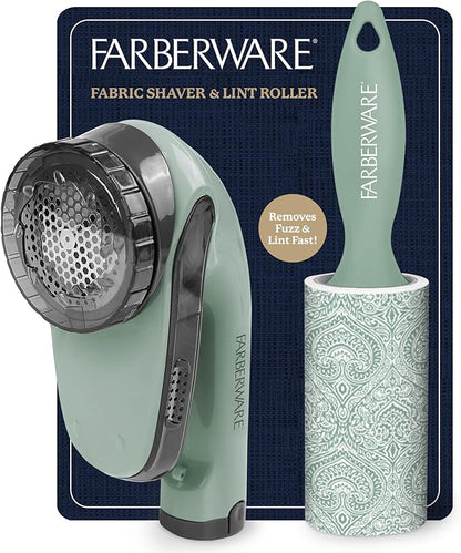 Farberware Fabric Shaver & Lint Remover Set–Battery Operated Sweater Shaver with Triple Blades and Extra Sticky Roller for Pet Hair, Fuzz & Pilling on Clothes, Upholstery & Bedding (Sage, Large)