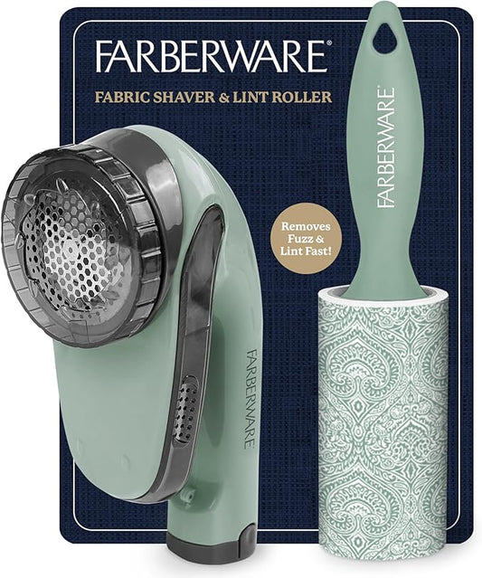 Farberware Fabric Shaver & Lint Remover Set–Battery Operated Sweater Shaver with Triple Blades and Extra Sticky Roller for Pet Hair, Fuzz & Pilling on Clothes, Upholstery & Bedding (Sage, Large)
