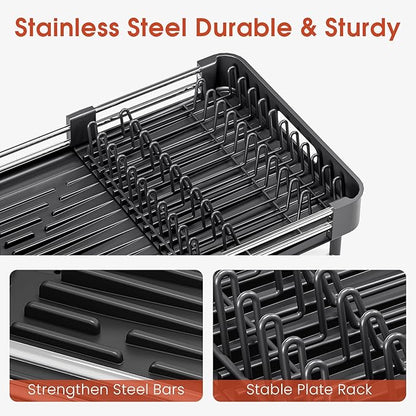 TOOLF Dish Drying Rack, Expandable Dish Rack for Kitchen Counter, Anti-Rust Dish Drainer, Sink Organization and Storage Essentials with Cutlery & Cup Holder, Black