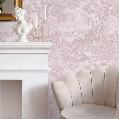 Ismoon Pink Peel and Stick Wallpaper Neutral Wall Paper 17.3in×6.56ft Vintage Removable Self-Adhesive Wallpaper Animals Jungle Contact Paper for Cabinets Bathroom Walls Covering Vinyl Roll