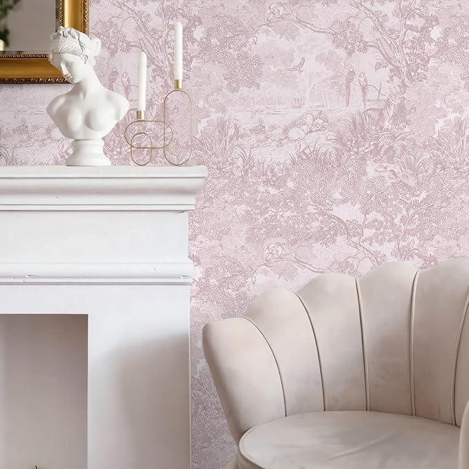 Ismoon Pink Peel and Stick Wallpaper Neutral Wall Paper 17.3in×16.4ft Vintage Removable Self-Adhesive Wallpaper Animals Jungle Contact Paper for Cabinets Bathroom Walls Covering Vinyl Roll