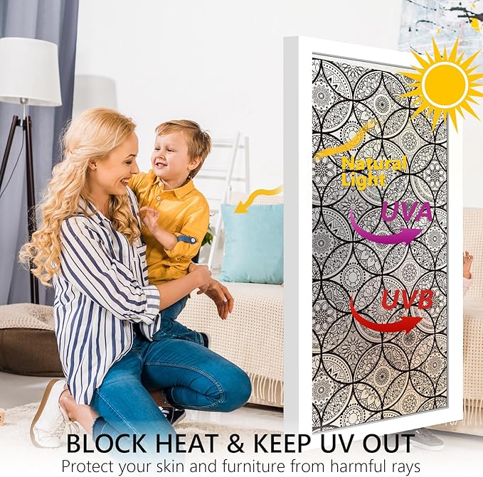 DKTIE Boho Stained Glass Look Window Privacy Film with Installation Tools, Decorative Frosted Glass Window Film Static Cling No Glue Removable, Pure Black, 35.4" x 78.7"