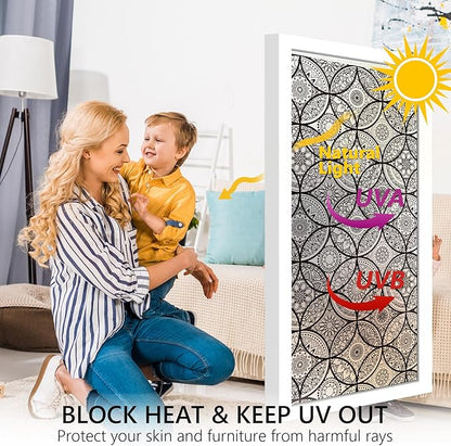 DKTIE Boho Stained Glass Look Window Privacy Film with Installation Tools, Decorative Frosted Glass Window Film Static Cling No Glue Removable, Pure Black, 35.4" x 78.7"