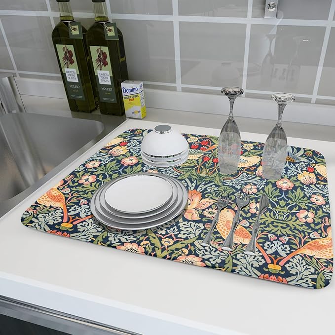 KSLIDS Strawberry Blue Green Pimpernel Dish Drying Mat Chinoiserie Floral Bird Colorful Microfiber Absorbent Drying Mats Reversible Kitchen Countertop Protector Dishes Drainer Rack Pad 18x24 Inch
