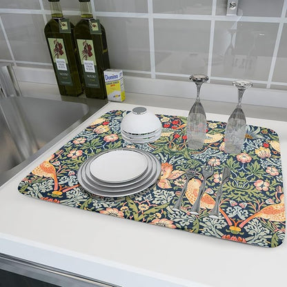 KSLIDS Strawberry Blue Green Pimpernel Dish Drying Mat Chinoiserie Floral Bird Colorful Microfiber Absorbent Drying Mats Reversible Kitchen Countertop Protector Dishes Drainer Rack Pad 18x24 Inch