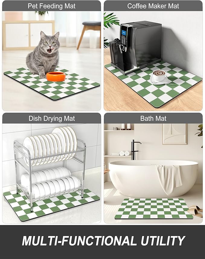 Rnivvi Dish Drying Mat for Kitchen Counter, 12 x 19" Cute Checkered Absorbent Draining Pad, Non-Slip Heat Resistant Coffee Bar Mats for Coffee Machine Station Accessories, Green White Dish Rack Pad