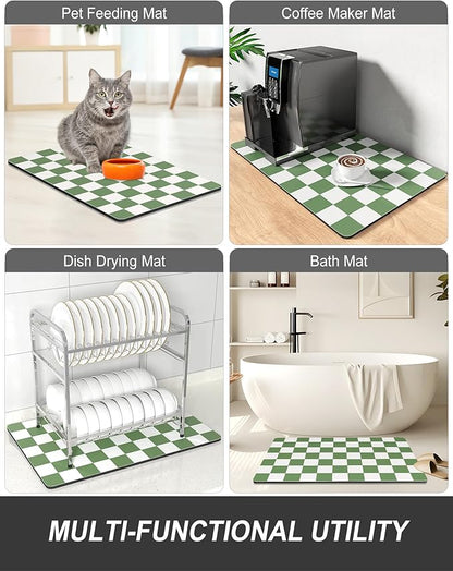 Rnivvi Dish Drying Mat for Kitchen Counter, 12 x 19" Cute Checkered Absorbent Draining Pad, Non-Slip Heat Resistant Coffee Bar Mats for Coffee Machine Station Accessories, Green White Dish Rack Pad