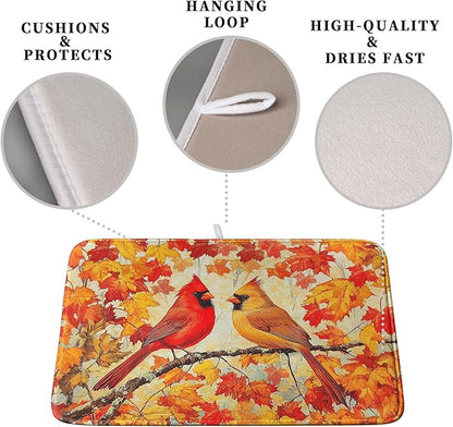 Fall Dish Drying Mats for Kitchen Counter Maple Leaf Cardinal Birds Dish Draining Mat 16x18 Inch Autumn Thanksgiving Dish Rack Mat Microfiber Absorbent Dish Drainer Pad