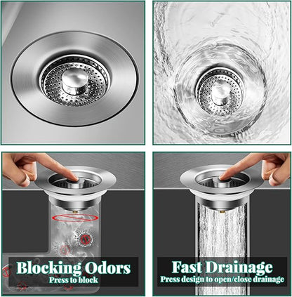 2PCS 3-in-1 Kitchen Sink Drain Strainer with Pop-Up sink stopper - 304 Stainless Steel Drain Filter & Anti-Clog Basket, Universal Fit for US Standard 3.5" Kitchen Drain