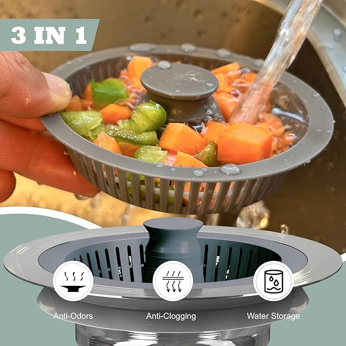 Kitchen Sink Drain Strainer 3 in 1, 304 Stainless Steel Pop Up Sink Stopper, Anti-Clogging Sink Stopper, Kitchen Drain Catcher, Food Catcher for US Standard (Silver Brushed 2#)