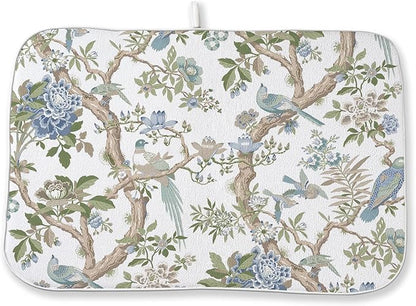 Blue Green Dish Drying Mat 18x24 Inch Chinoiserie Vintage Floral Bird Drying Mat Spring Summer Flower Seasonal Absorbent Dish Drying Pad Dish Rack Drainer Mats for Kitchen Dining Counter