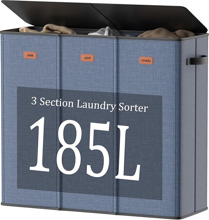 185L Laundry Hamper 3 Section with Lid, Navy Blue 3 Compartment Laundry hamper with 3 Removable Laundry Bags, Large Laundry Basket for Bedroom, Laundry Room, Dorm,