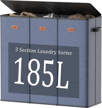 185L Laundry Hamper 3 Section with Lid, Navy Blue 3 Compartment Laundry hamper with 3 Removable Laundry Bags, Large Laundry Basket for Bedroom, Laundry Room, Dorm,