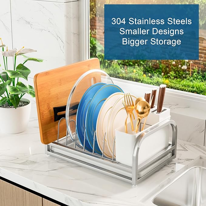 Extra Small Dish Drying Rack, 304 Stainless Steel Plate Rack for Cabinet, Dish Rack for Kitchen Counter w Cutlery Holder, Dish Drainer w Drainboard Save Space, Pot Lid Organizer for Cabinet