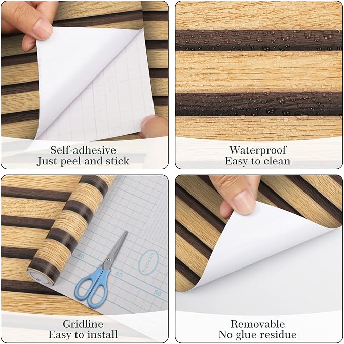 Arthome 17''x240'' Wood Slat Wallpaper Peel and Stick Self Adhesive Wood Wallpaper PVC Vinyl Decorative Removable Wallpaper Waterproof Faux Wood Grating Stripe Contact Paper for Living Room Bedroom