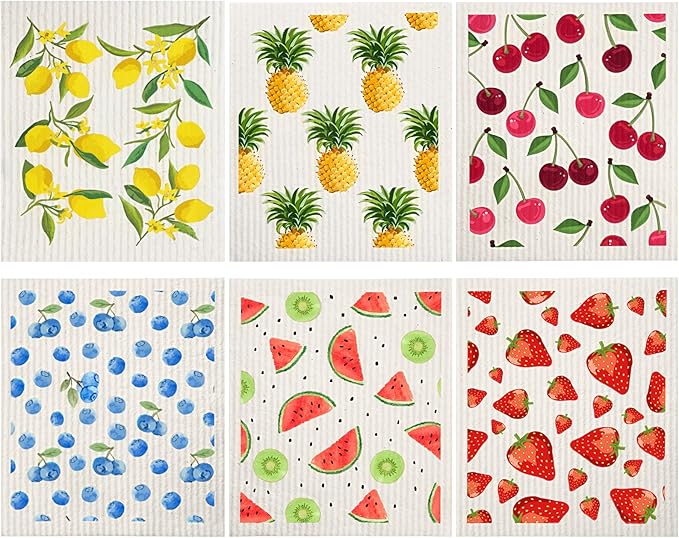 Patelai Mixed Fruit Swedish Kitchen Dishcloths Reusable Dish Towels Absorbent and Fast Dry Cleaning Cloths for Kitchen Blueberry Cherry Strawberry Lemon Pineapple Watermelon Cleaning Wipes (12 Count)