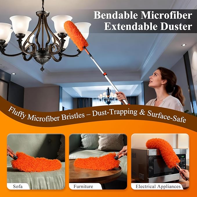 26ft High Reach Duster Kit with 5-20ft Heavy-Duty Extra Long Extension Pole, Vaulted Ceiling Cobweb Brush, Washable Ceiling Fan Duster, Microfiber Duster & Window Squeegee for Tall Ceiling