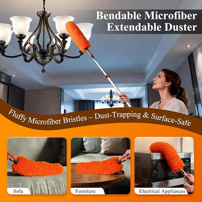 26ft High Reach Duster Kit with 5-20ft Heavy-Duty Extra Long Extension Pole, Vaulted Ceiling Cobweb Brush, Washable Ceiling Fan Duster, Microfiber Duster & Window Squeegee for Tall Ceiling