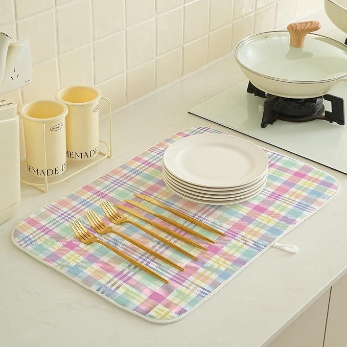 Spring Dish Drying Mat 18x24 Inches For Kitchen Counter Absorbent Easter Colorful Plaid Kitchen Decoration Pink Green Drying Mat Pad For Home Kitchen,Dining Room,Office Decor
