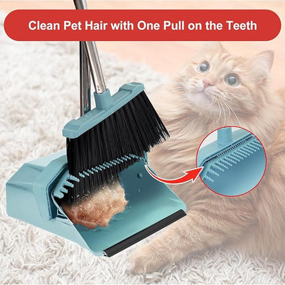 Upgrade Broom and Dustpan Set, Broom with Dustpan Combo Sets, Large Brooms and Dust Pan with Handle, Self-Cleaning Dust Pans, Heavy Duty Broom and Dustpans Set for Lobby Kitchen Office - Green