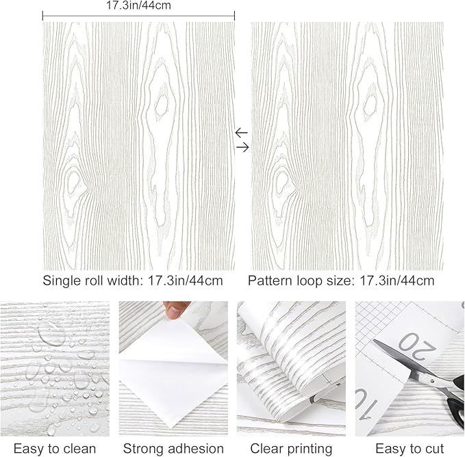 Yun-aeon Light White and Silver Wood Contact Paper 17.3"x200" Rustic Wooden Peel and Stick Wallpaper Removable Self-Adhesive Wallpaper Wood Grain Contact Paper for Countertops Cabinets