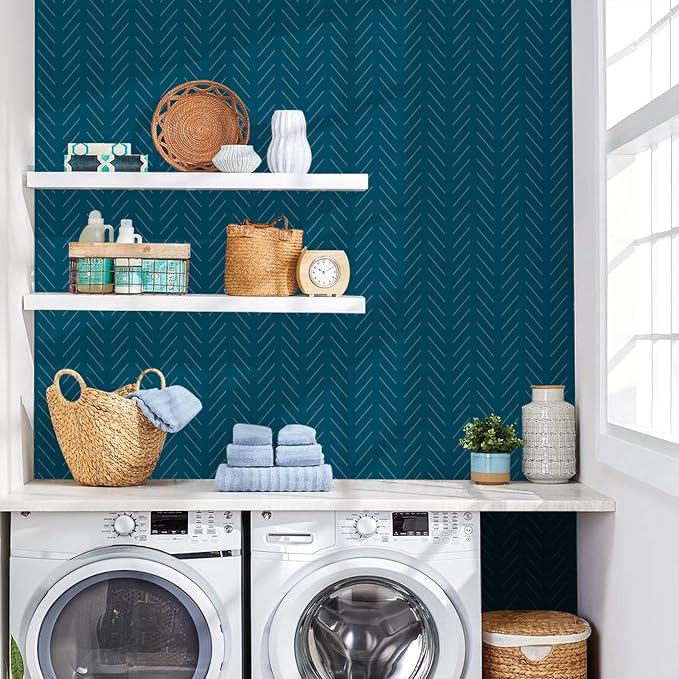 Orainege Blue Peel and Stick Wallpaper Navy Wallpaper 17.7 in x118.1 in Blue Contact Paper Herringbone Geometric Wallpaper Peel and Stick Modern Self Adhesive Removable Vinyl Wall Paper for Bathroom