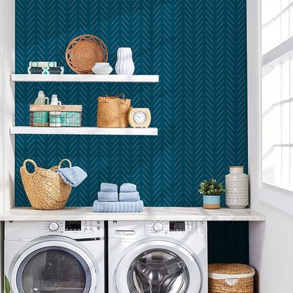 Orainege Blue Peel and Stick Wallpaper Navy Wallpaper 17.7 in x118.1 in Blue Contact Paper Herringbone Geometric Wallpaper Peel and Stick Modern Self Adhesive Removable Vinyl Wall Paper for Bathroom