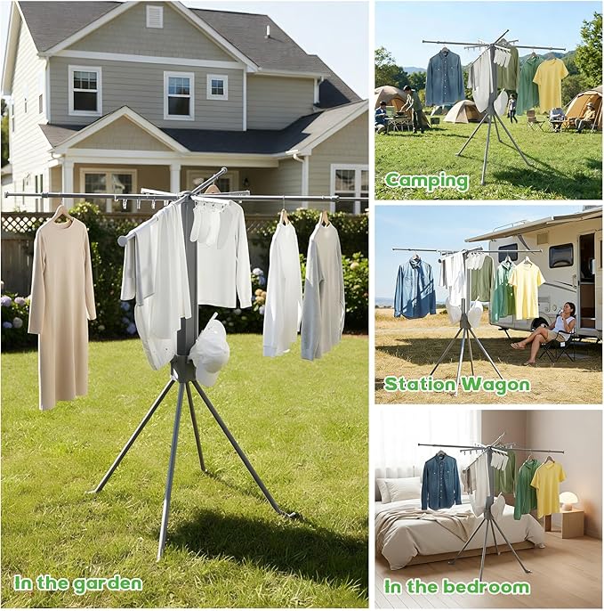 cjc Foldable Clothes Drying Rack, Drying Rack Clothing,Collapsible Drying Racks for Laundry Used for Indoor, Outdoor, 4 Retractable Drying Rods + 4 Shoe Racks + 4 Sock Clips with 16 Clips/Grey