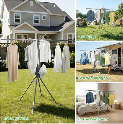 cjc Foldable Clothes Drying Rack, Drying Rack Clothing,Collapsible Drying Racks for Laundry Used for Indoor, Outdoor, 4 Retractable Drying Rods + 4 Shoe Racks + 4 Sock Clips with 16 Clips/Grey
