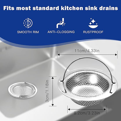 2 Pack Kitchen Sink Drain Strainer with Handle, Universal Stainless Steel Food Catcher Basket, Rust Free, Fits Most Kitchen Sinks